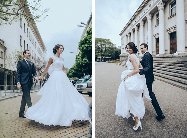 жених и невеста на прогулке в городе