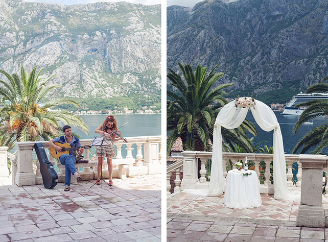 Романтика в Черногории, свадьба Анастасии и Виктора, музыканты на свадьбе, арка для церемонии бракосочетания