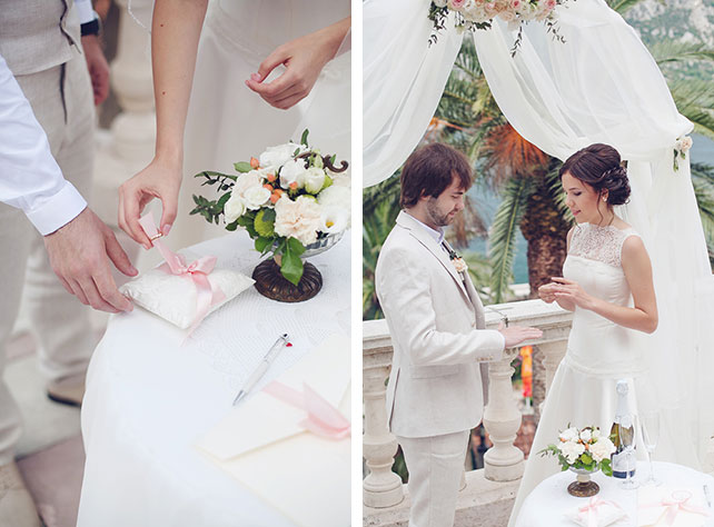 Романтика в Черногории, свадьба Анастасии и Виктора, церемония бракосочетания, молодожёны обмениваются кольцами