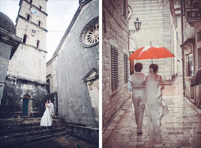 Романтика в Черногории, свадьба Анастасии и Виктора, фотосессия молодожёнов под дождём
