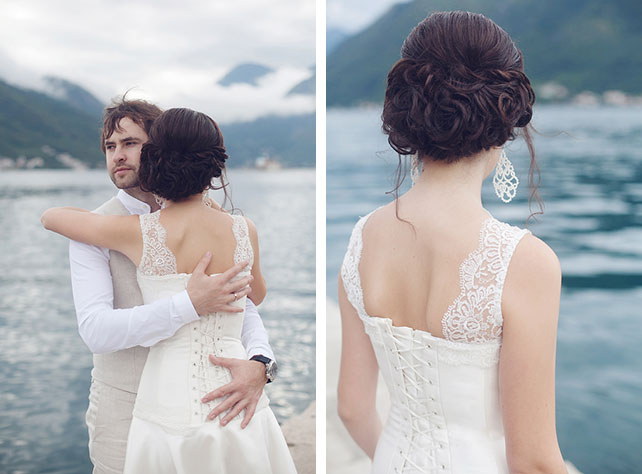 Романтика в Черногории, свадьба Анастасии и Виктора, фотосессия невесты на фоне моря, причёска невесты