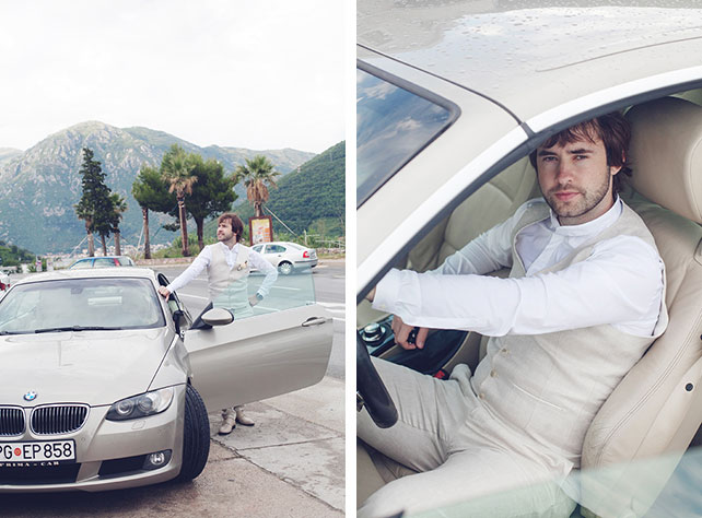 Романтика в Черногории, свадьба Анастасии и Виктора, фотосессия жениха в машине