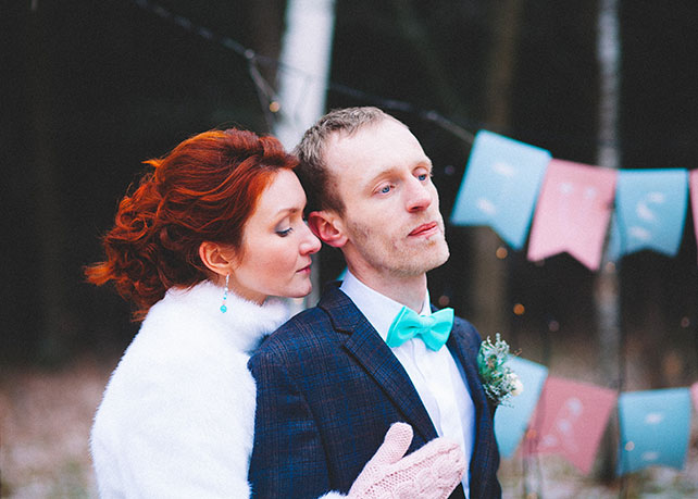 Зимняя свадьба в цвете Тиффани, жених и невеста, фотосессия