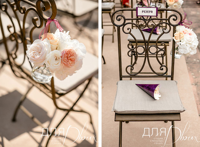 Великолепная свадьба в Испании: Мария и Денис, фотография декора стульев живыми цветами