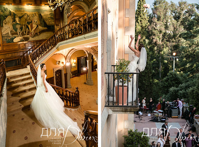 Великолепная свадьба в Испании: Мария и Денис, фото, невеста на лестнице отеля, невеста бросает букет