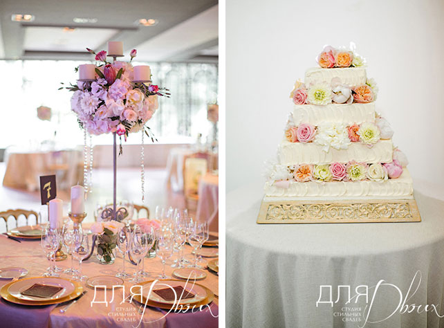 Великолепная свадьба в Испании: Мария и Денис, фотография подсвечника, декорированного цветами, торт, декорированный живыми цветами