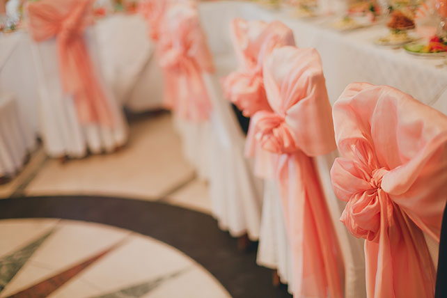 Персиковая свадьба в пастельных тонах, декор стульев бантами из ткани