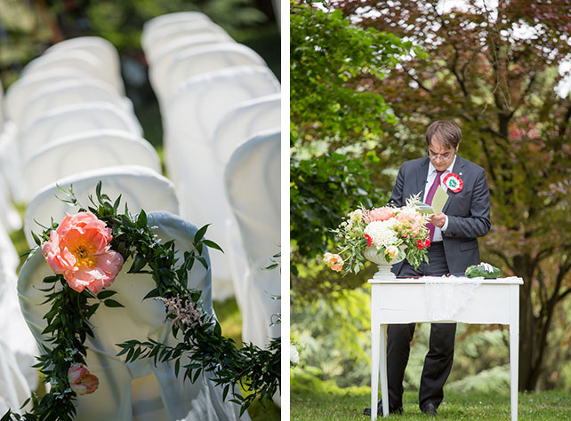 Свадьба в Пьемонте, декор стульев живыми цветами, мэр города на церемонии бракосочетания