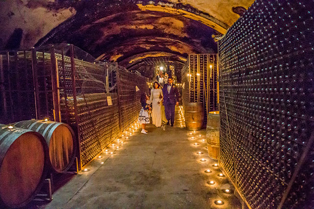 Свадьба в Пьемонте, молодожены в винном погребе