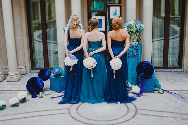 свадьба в синем цвете, подружки невесты в синем