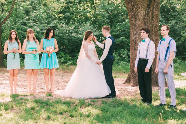 свадьба в стиле эко-рустик с бирюзовыми акцентами, церемония