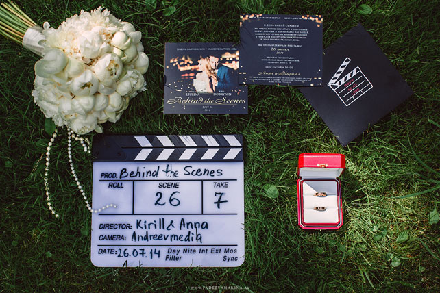 Свадьба в стиле Голливуд, букет невесты, хлопушка, свадебная полиграфия, кольца