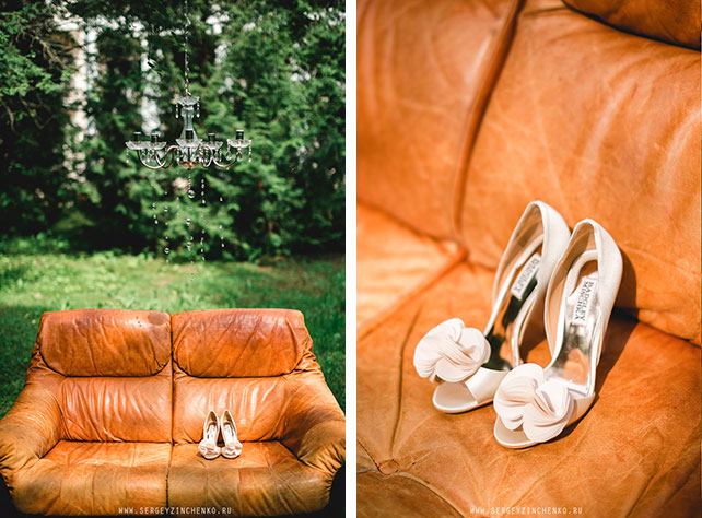 нежная свадьба в усадьбе, туфли невесты на диване