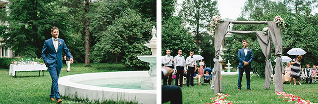 нежная свадьба в усадьбе, жених идет к арке