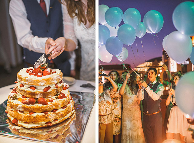 Весеннее пробуждение, свадьба Кристины и Эндрю, свадебный торт, молодожёны запускают воздушные шарики