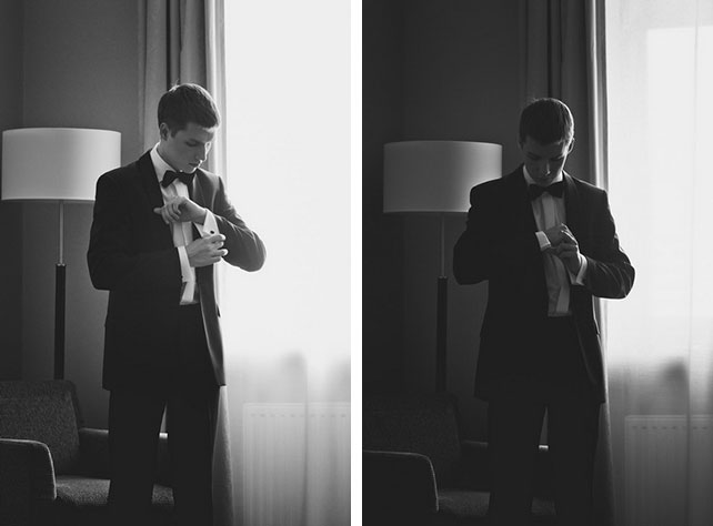 Винтажная свадьба Максима и Вики, сборы жениха, жениха застёгивает запонки