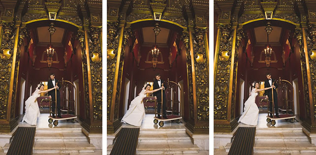 Винтажная свадьба Максима и Вики, фотосессия жениха и невесты с тележкой для багажа в отеле