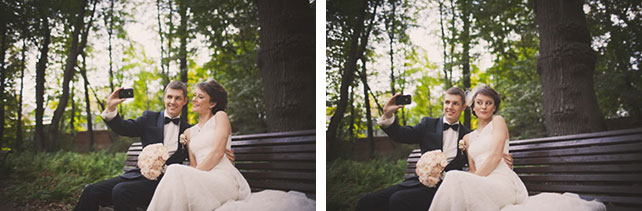 Винтажная свадьба Максима и Вики, фотосессия жениха и невесты в парке, жених и невеста делают селфи