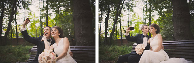 Винтажная свадьба Максима и Вики, фотосессия жениха и невесты в парке, жених и невеста делают селфи