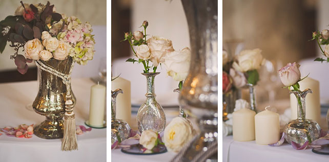 Винтажная свадьба Максима и Вики, декор столов, вазы с цветами, свечи