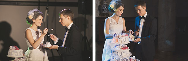Винтажная свадьба Максима и Вики, жених и невеста разрезают свадебный торт