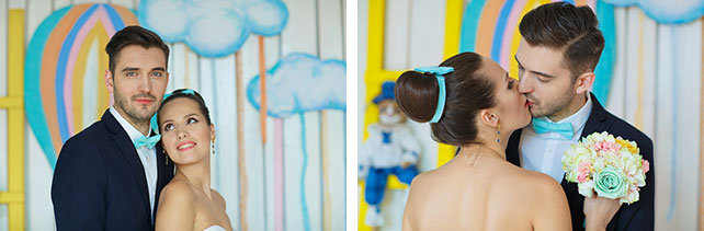 Воздушная мятно-голубая свадьба Даши и Ярослава, жених и невеста на фоне фотозоны
