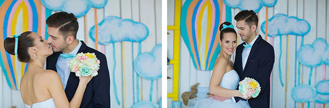 Воздушная мятно-голубая свадьба Даши и Ярослава, жених и невеста на фоне фотозоны