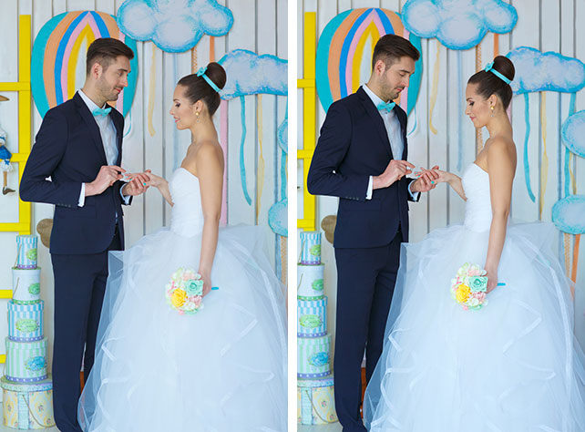 Воздушная мятно-голубая свадьба Даши и Ярослава, жених надевает невесте обручальное кольцо