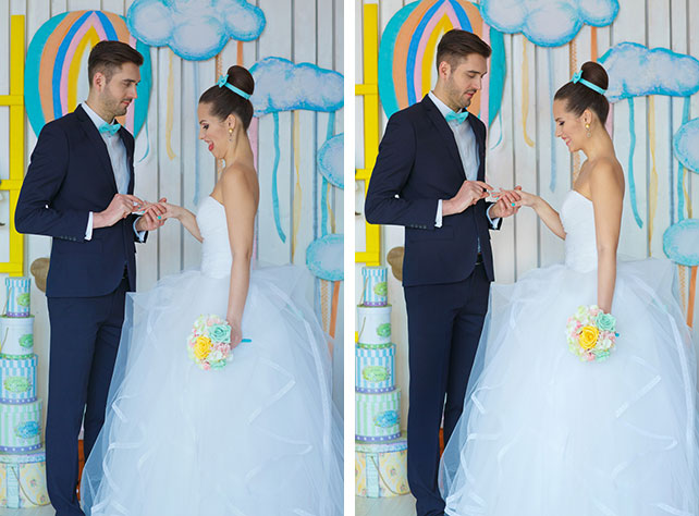 Воздушная мятно-голубая свадьба Даши и Ярослава, жених надевает невесте обручальное кольцо