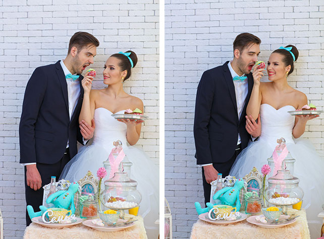 Воздушная мятно-голубая свадьба Даши и Ярослава, фотосессия жениха и невесты с капкейками