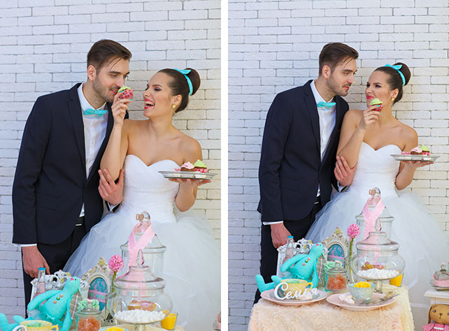 Воздушная мятно-голубая свадьба Даши и Ярослава, фотосессия жениха и невесты с капкейками