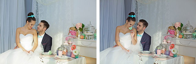 Воздушная мятно-голубая свадьба Даши и Ярослава, фотосессия жениха и невесты за столом