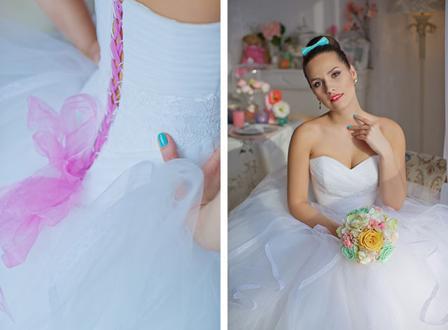 Воздушная мятно-голубая свадьба Даши и Ярослава, розовая шнуровка на платье невесты