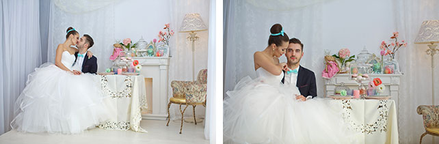 Воздушная мятно-голубая свадьба Даши и Ярослава, фотосессия жениха и невесты за столом