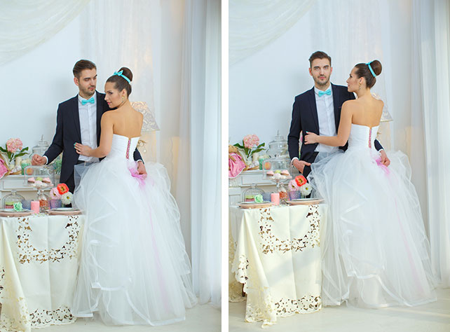 Воздушная мятно-голубая свадьба Даши и Ярослава, жених и невеста обнимаются