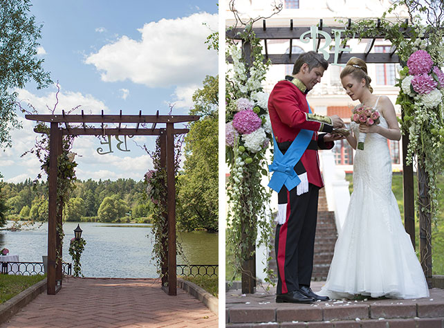 Зелёно-розовая свадьба Вадима и Катерины, деревянная арка для церемонии бракосочетания, церемония бракосочетания